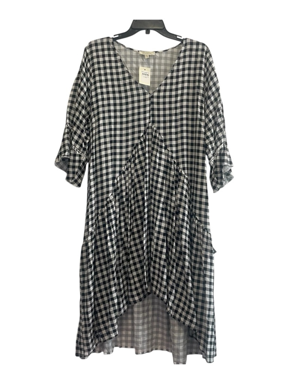 Loralette 18/20 Gingham Preppy V-Neck Tiered Mini Dress Black White NEW